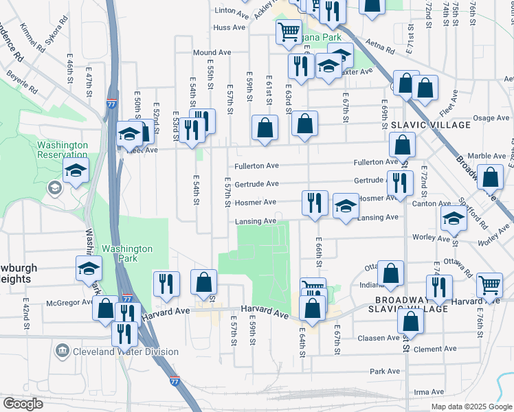 map of restaurants, bars, coffee shops, grocery stores, and more near 6005 Lansing Avenue in Cleveland