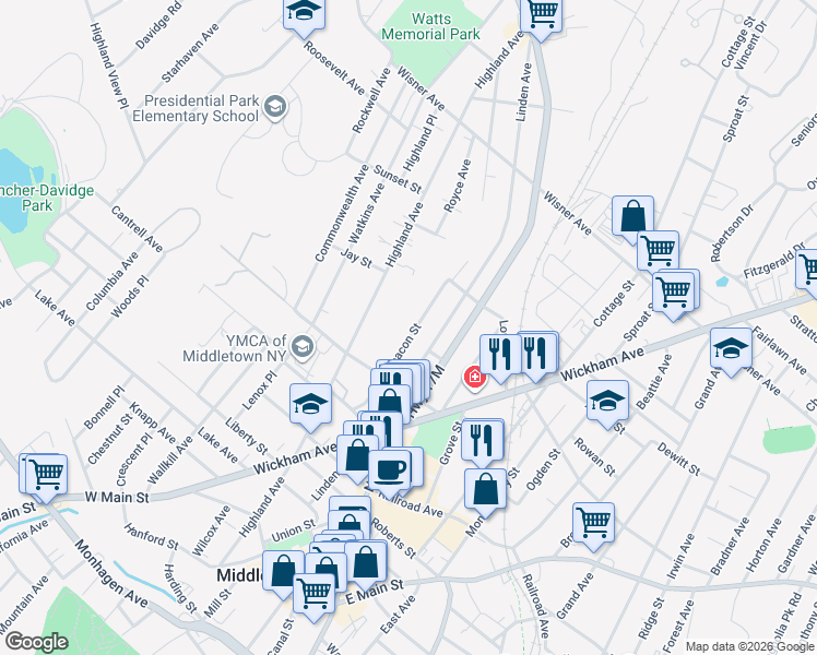 map of restaurants, bars, coffee shops, grocery stores, and more near 97-99 Linden Avenue in Middletown
