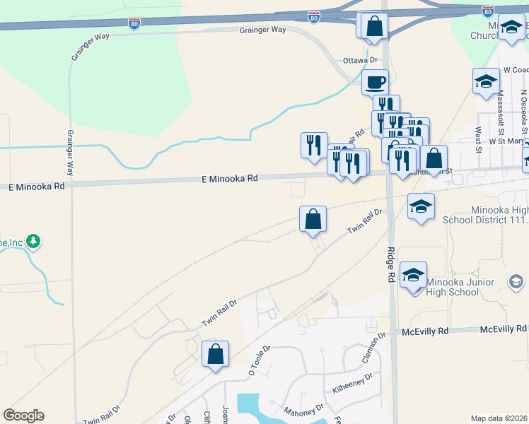 map of restaurants, bars, coffee shops, grocery stores, and more near 601 Twin Rail Drive in Minooka