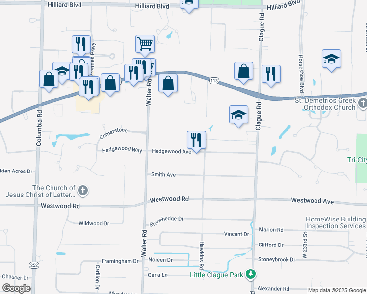 map of restaurants, bars, coffee shops, grocery stores, and more near 24250 Hedgewood Avenue in Westlake