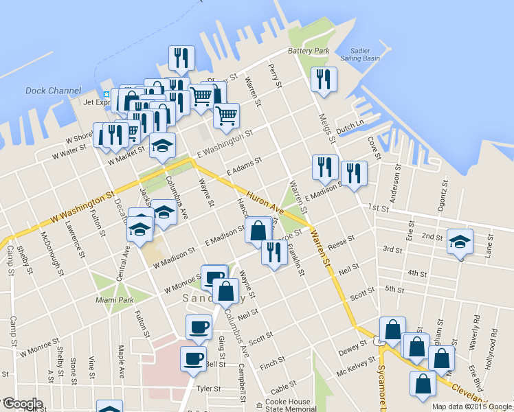 map of restaurants, bars, coffee shops, grocery stores, and more near 519 Huron Ave in Sandusky