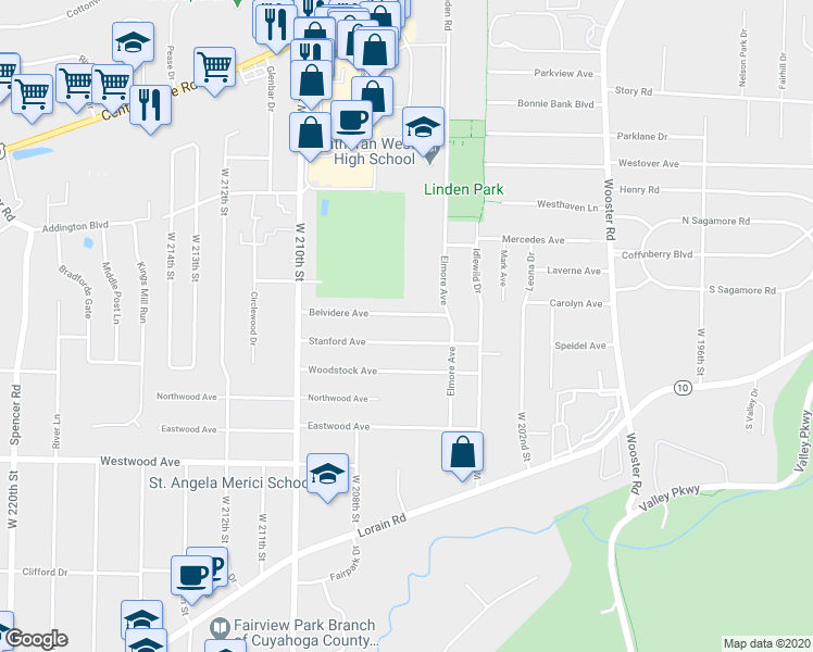 map of restaurants, bars, coffee shops, grocery stores, and more near 20661 Belvidere Avenue in Fairview Park