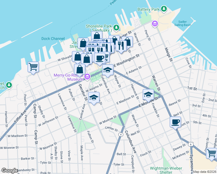 map of restaurants, bars, coffee shops, grocery stores, and more near 412 Columbus Avenue in Sandusky
