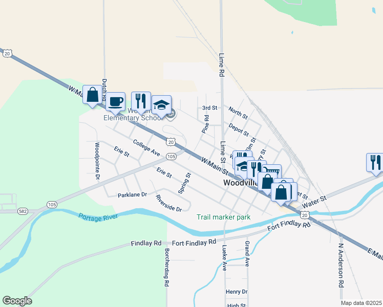 map of restaurants, bars, coffee shops, grocery stores, and more near 701 West Main Street in Woodville