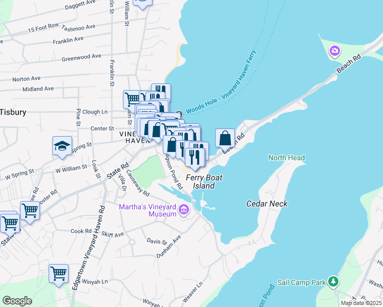 map of restaurants, bars, coffee shops, grocery stores, and more near 52 Beach Road in Tisbury