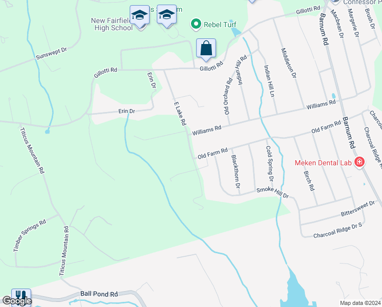 map of restaurants, bars, coffee shops, grocery stores, and more near 18 East Lake Road in New Fairfield