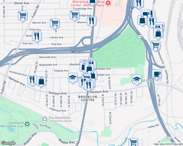 map of restaurants, bars, coffee shops, grocery stores, and more near 2409 Willowdale Avenue in Cleveland