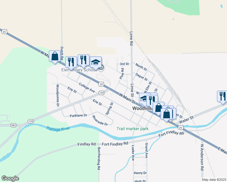 map of restaurants, bars, coffee shops, grocery stores, and more near 701 West Main Street in Woodville