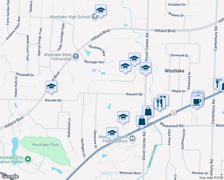 map of restaurants, bars, coffee shops, grocery stores, and more near 27542 Bassett Road in Westlake