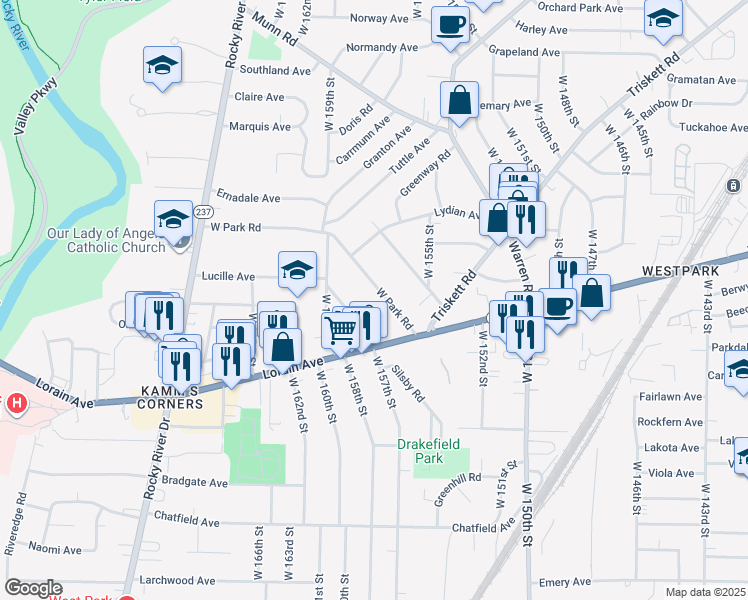 map of restaurants, bars, coffee shops, grocery stores, and more near 3668 West Park Road in Cleveland