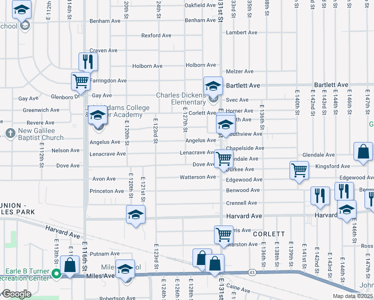 map of restaurants, bars, coffee shops, grocery stores, and more near 12701 Lenacrave Avenue in Cleveland
