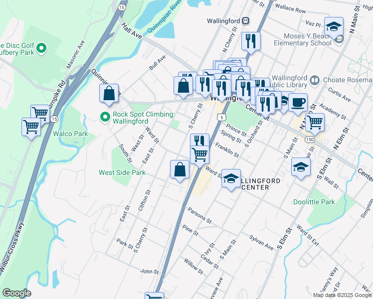 map of restaurants, bars, coffee shops, grocery stores, and more near 91 South Cherry Street in Wallingford