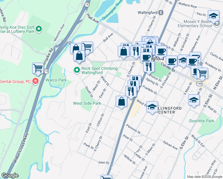 map of restaurants, bars, coffee shops, grocery stores, and more near 11 Washington Street in Wallingford