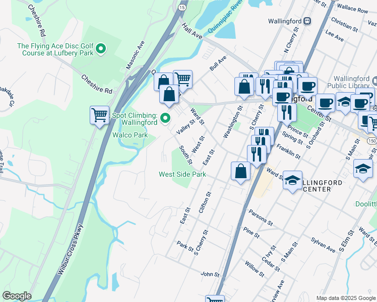 map of restaurants, bars, coffee shops, grocery stores, and more near 18 Wallace Place in Wallingford