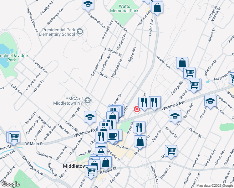map of restaurants, bars, coffee shops, grocery stores, and more near 130 Highland Avenue in Middletown