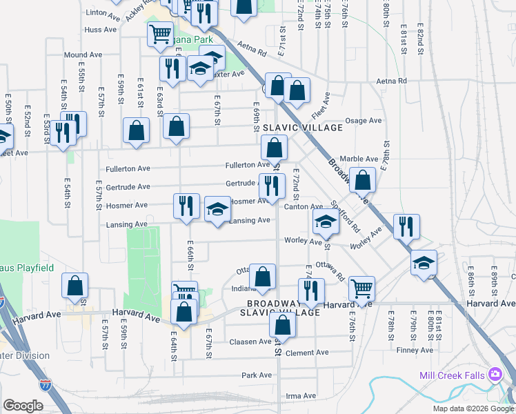 map of restaurants, bars, coffee shops, grocery stores, and more near 6916 Gertrude Avenue in Cleveland