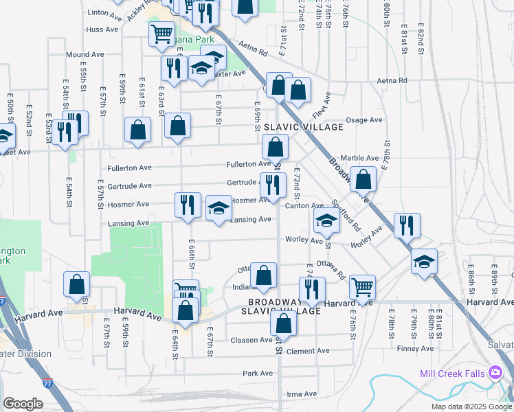 map of restaurants, bars, coffee shops, grocery stores, and more near 6916 Gertrude Avenue in Cleveland