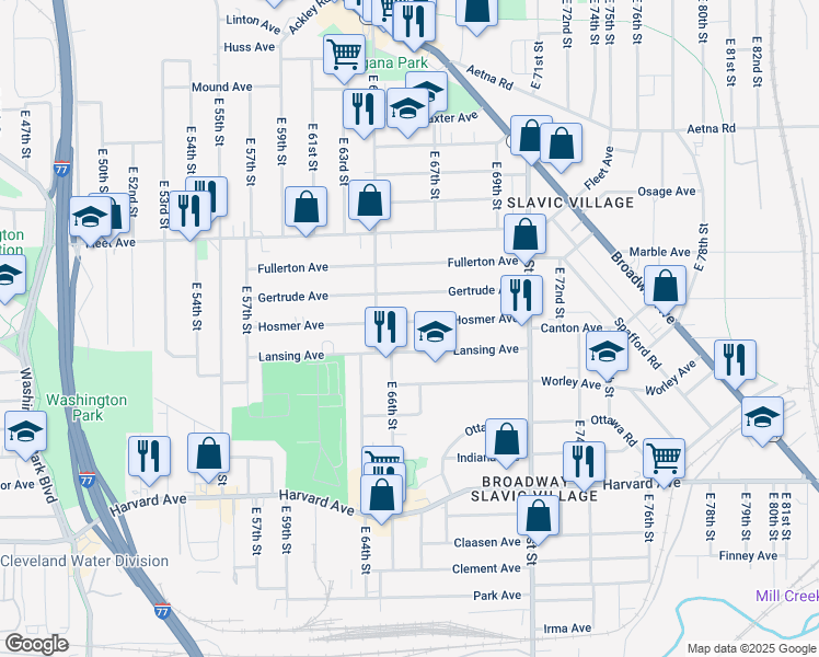 map of restaurants, bars, coffee shops, grocery stores, and more near 6608 Gertrude Avenue in Cleveland