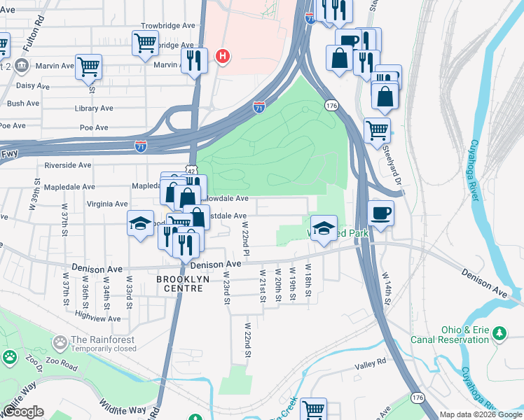 map of restaurants, bars, coffee shops, grocery stores, and more near 2107 Willowdale Avenue in Cleveland