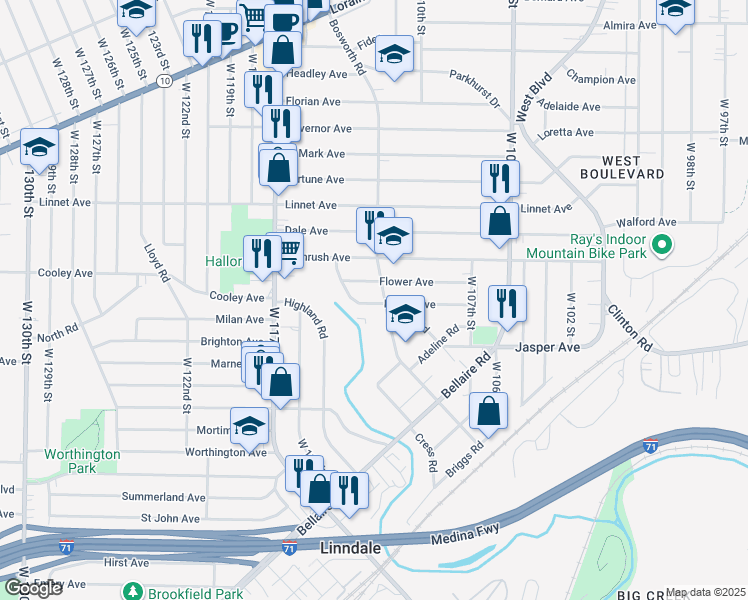 map of restaurants, bars, coffee shops, grocery stores, and more near 11216 Flower Avenue in Cleveland