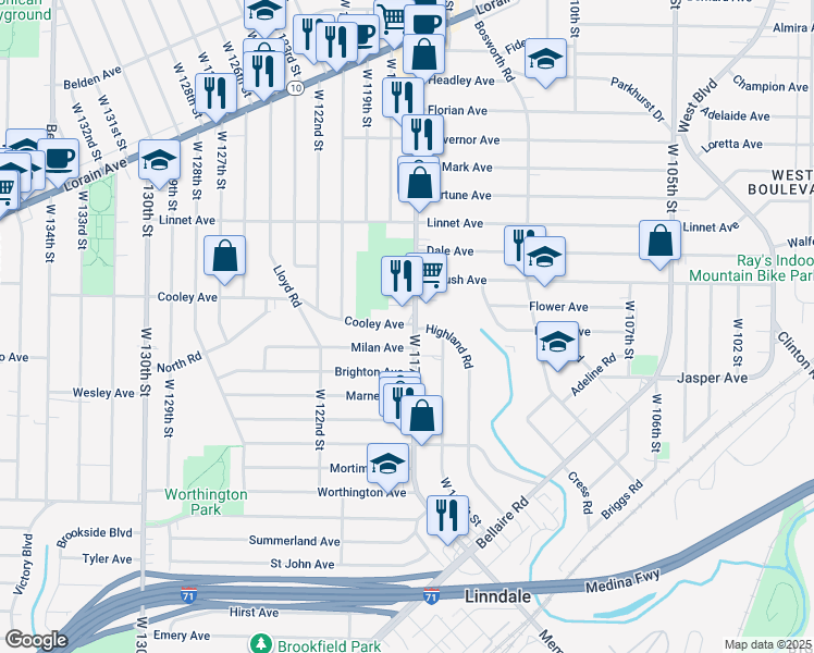 map of restaurants, bars, coffee shops, grocery stores, and more near 3638 West 117th Street in Cleveland