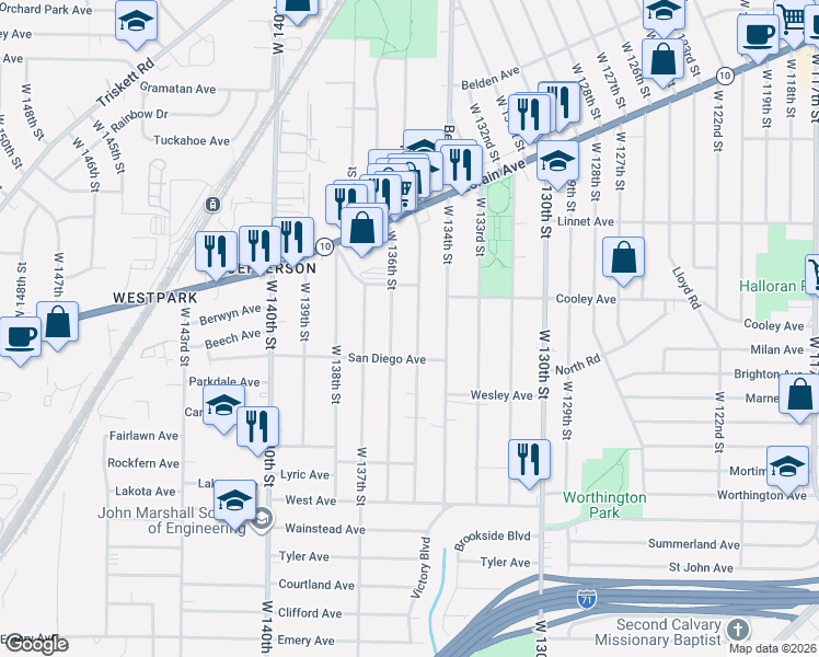 map of restaurants, bars, coffee shops, grocery stores, and more near 3683 West 135th Street in Cleveland