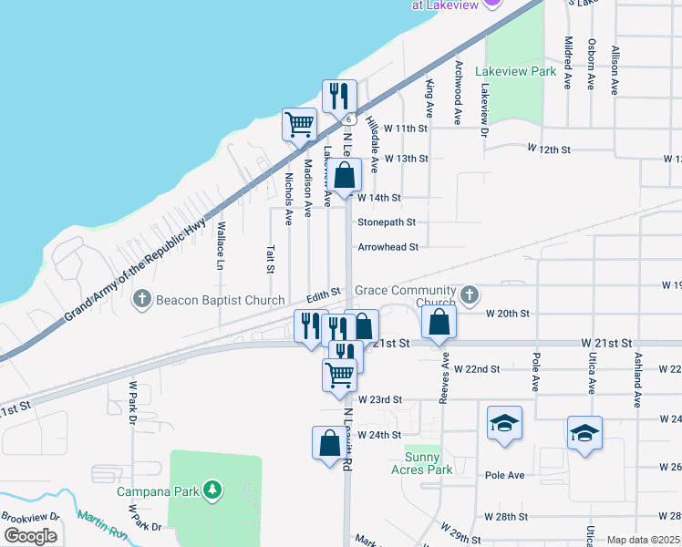 map of restaurants, bars, coffee shops, grocery stores, and more near 1721 Lakeview Avenue in Lorain