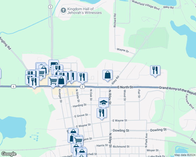 map of restaurants, bars, coffee shops, grocery stores, and more near 208 Center Ave in Kendallville