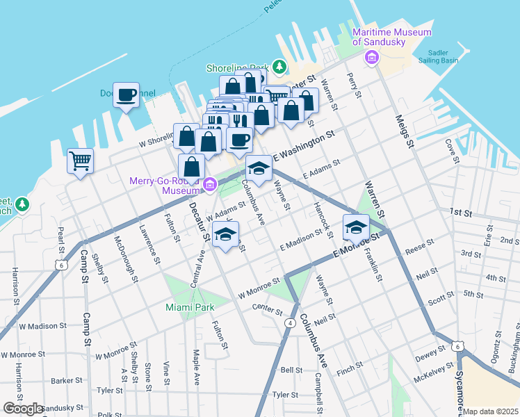 map of restaurants, bars, coffee shops, grocery stores, and more near 412 Columbus Avenue in Sandusky