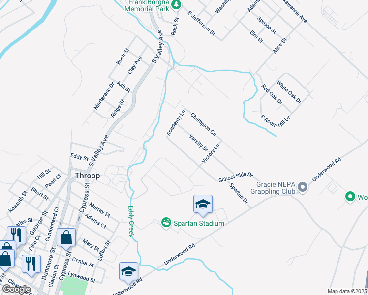 map of restaurants, bars, coffee shops, grocery stores, and more near 101 Academy Lane in Throop