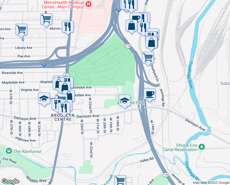 map of restaurants, bars, coffee shops, grocery stores, and more near 1805 Willowdale Avenue in Cleveland
