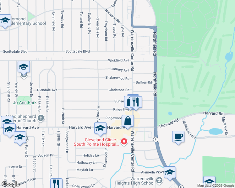 map of restaurants, bars, coffee shops, grocery stores, and more near 20009 Gladstone Road in Warrensville Heights