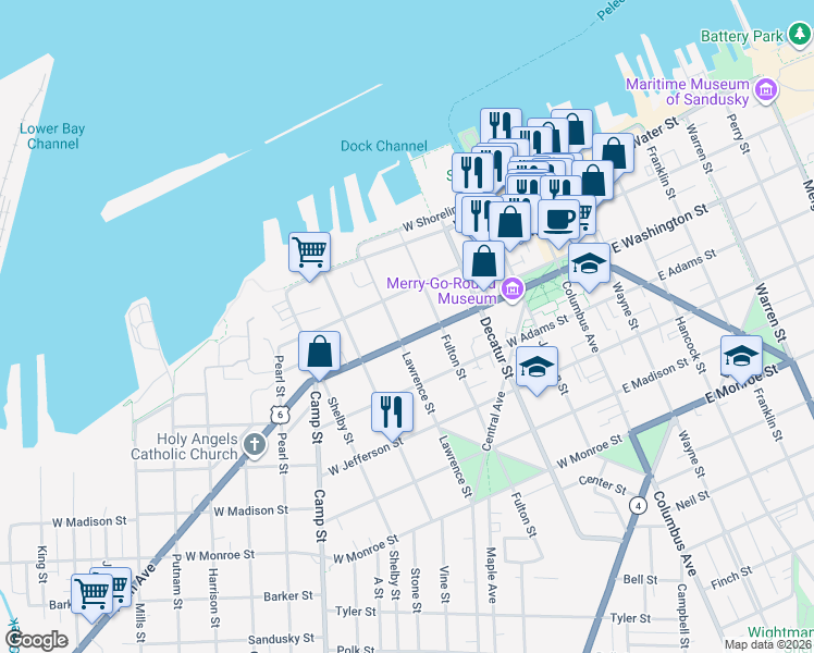map of restaurants, bars, coffee shops, grocery stores, and more near 809 West Washington Street in Sandusky