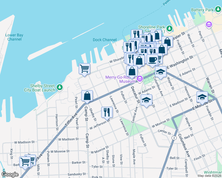 map of restaurants, bars, coffee shops, grocery stores, and more near 809 West Washington Street in Sandusky