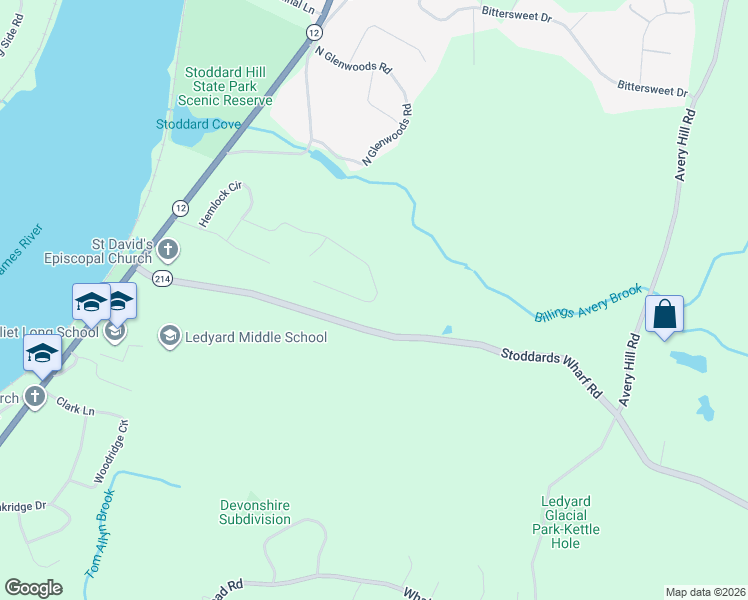 map of restaurants, bars, coffee shops, grocery stores, and more near 38 Overlook Road in Ledyard