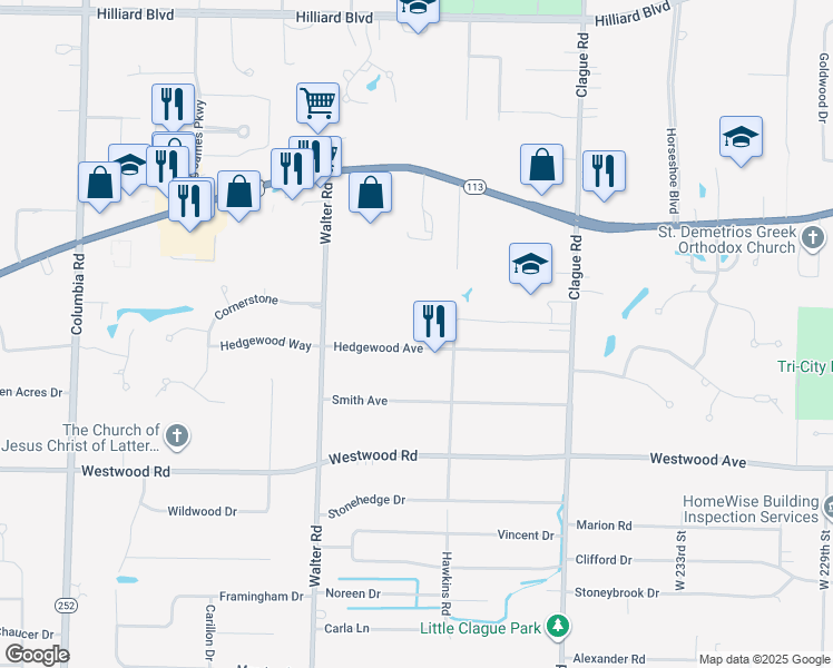 map of restaurants, bars, coffee shops, grocery stores, and more near 24250 Hedgewood Avenue in Westlake