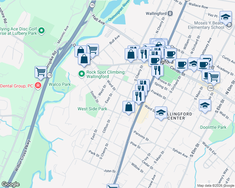 map of restaurants, bars, coffee shops, grocery stores, and more near 11 Washington Street in Wallingford