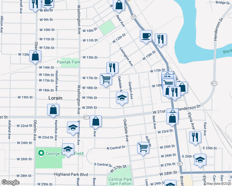 map of restaurants, bars, coffee shops, grocery stores, and more near 1767 Long Avenue in Lorain