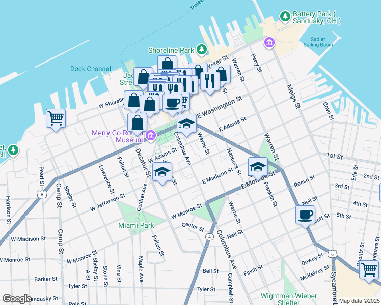 map of restaurants, bars, coffee shops, grocery stores, and more near 412 Columbus Avenue in Sandusky