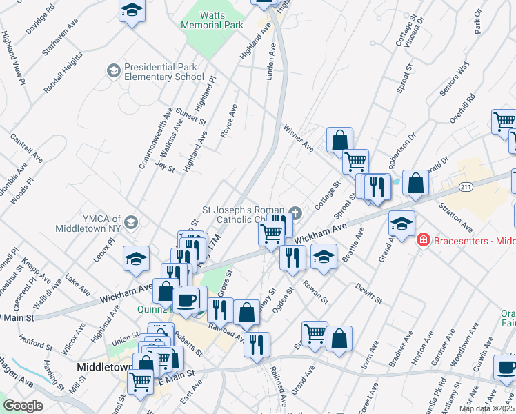 map of restaurants, bars, coffee shops, grocery stores, and more near Low Avenue & Smith Street in Middletown