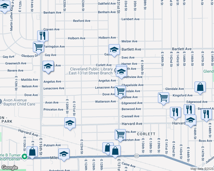 map of restaurants, bars, coffee shops, grocery stores, and more near 12905 Angelus Avenue in Cleveland