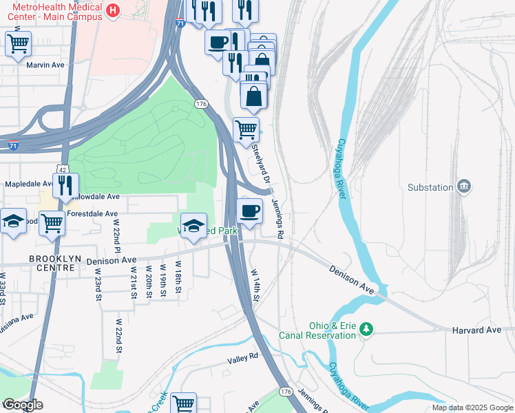 map of restaurants, bars, coffee shops, grocery stores, and more near 3716 West 13th Street in Cleveland