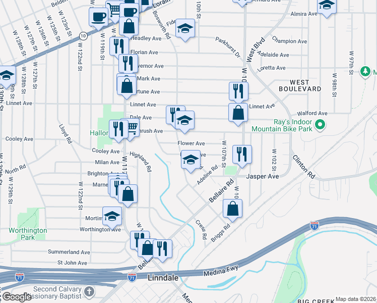 map of restaurants, bars, coffee shops, grocery stores, and more near 11017 Flower Avenue in Cleveland