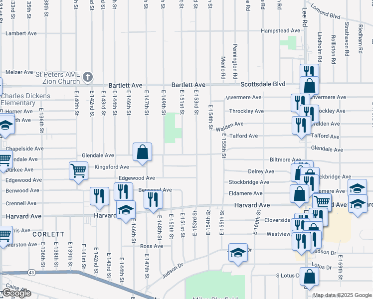 map of restaurants, bars, coffee shops, grocery stores, and more near 3876 East 153rd Street in Cleveland
