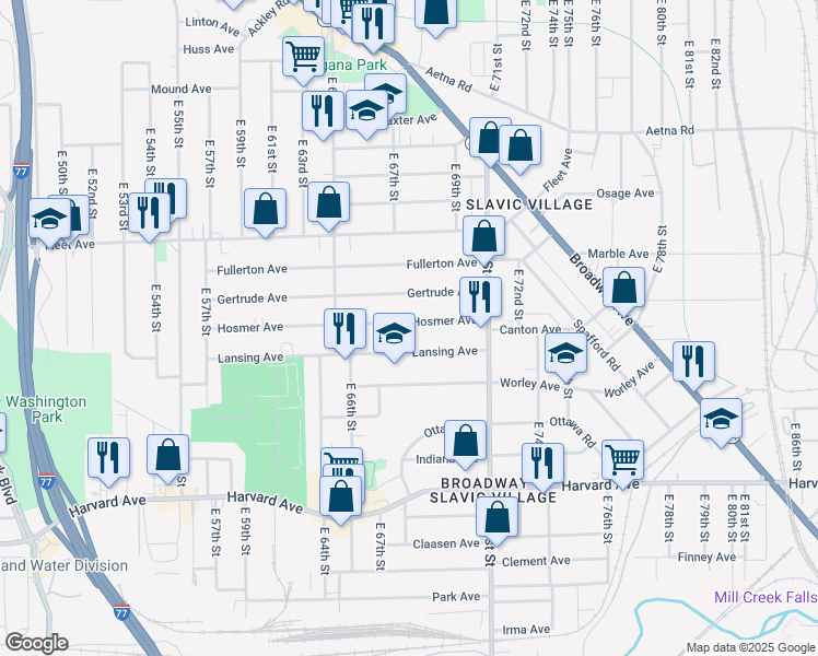 map of restaurants, bars, coffee shops, grocery stores, and more near 6724 Gertrude Avenue in Cleveland