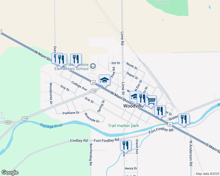 map of restaurants, bars, coffee shops, grocery stores, and more near 612 West 1st Street in Woodville