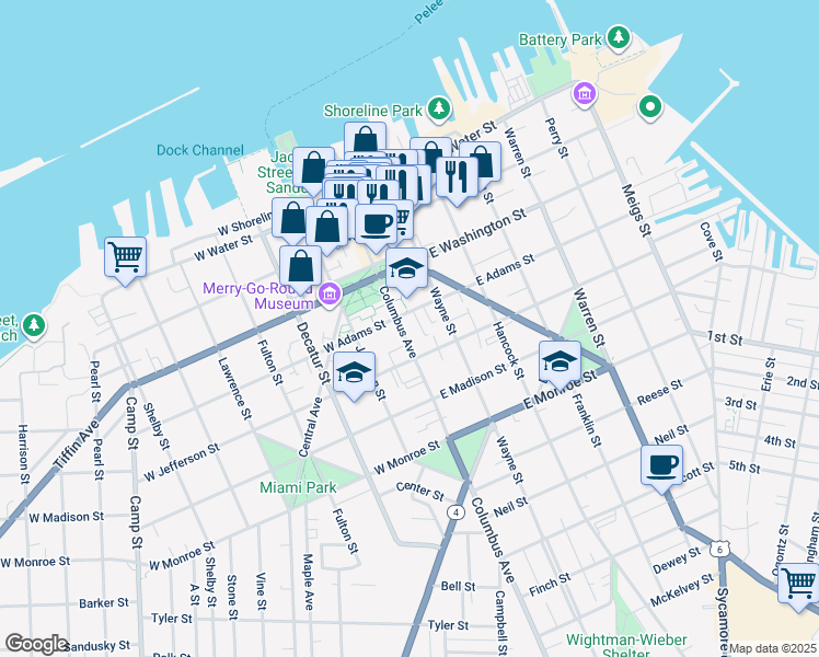 map of restaurants, bars, coffee shops, grocery stores, and more near 410 Columbus Avenue in Sandusky