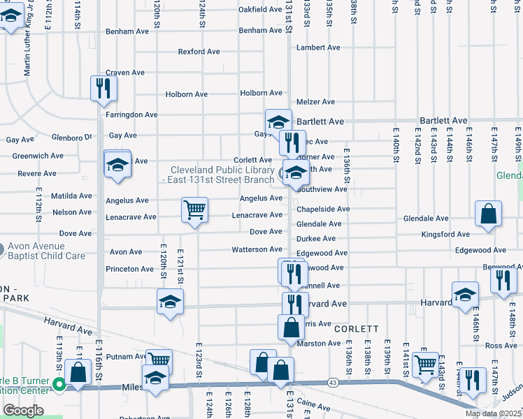 map of restaurants, bars, coffee shops, grocery stores, and more near 12905 Angelus Avenue in Cleveland