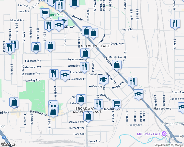 map of restaurants, bars, coffee shops, grocery stores, and more near 3839 East 72nd Street in Cleveland