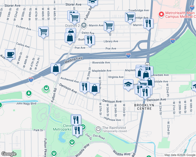 map of restaurants, bars, coffee shops, grocery stores, and more near 3710 West 37th Street in Cleveland